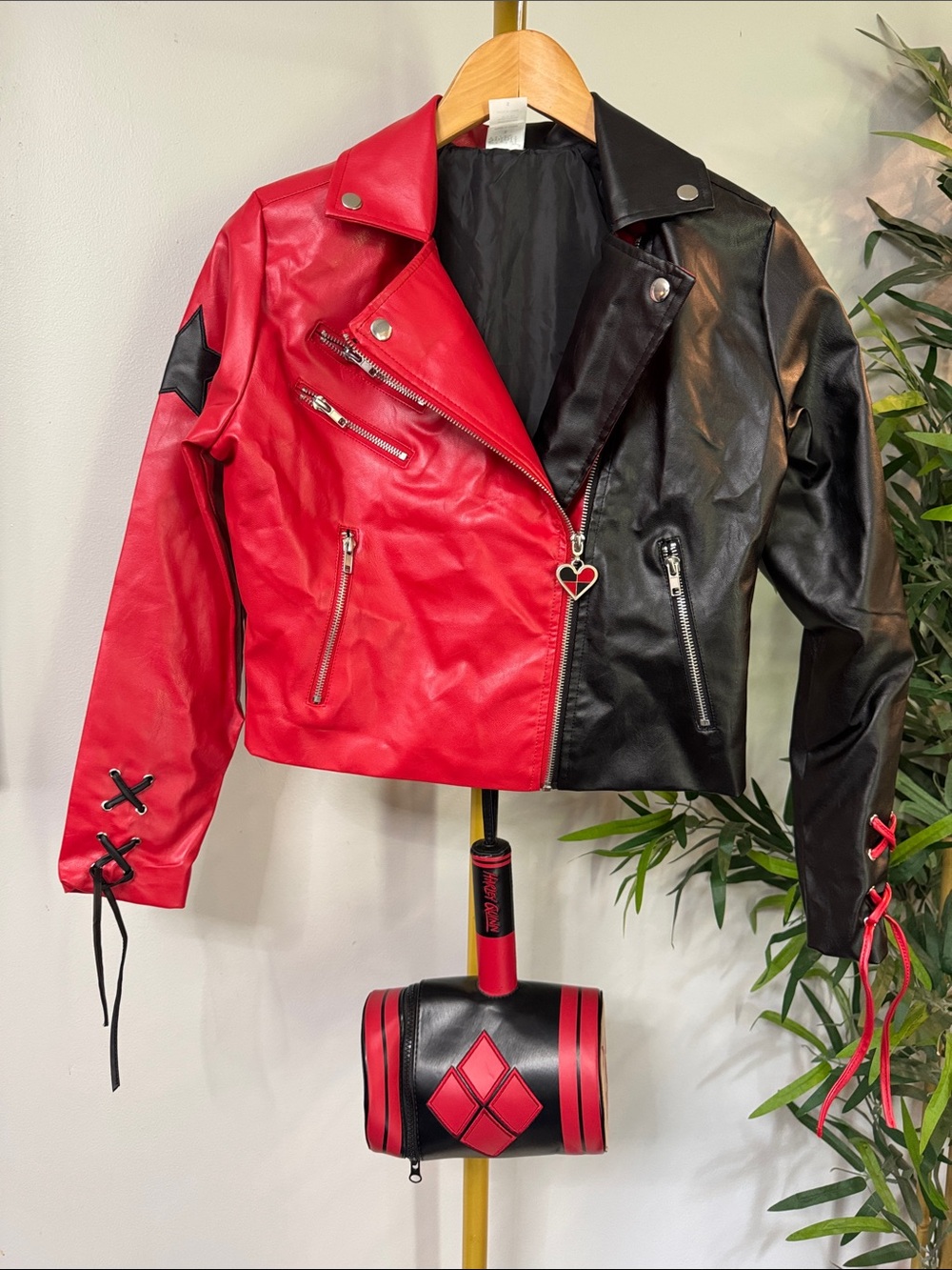 Two-Tone Red & Black Faux Leather Moto Jacket with Heart Zip and hammer bag EUC